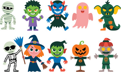 Colorful cartoon Halloween monsters lineup including mummy, devil, ghost, pumpkin head, witch, zombie, goblin, skeleton, dragon character design