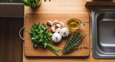 A wooden cutting board with parsley garlic thyme and oil next to a stainless steel kitchen sink