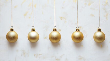 Gold ornaments hanging on strings against a marbled background