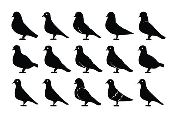 Collection of eight adorable black silhouette cartoon pigs in various playful poses and expressions on a white background