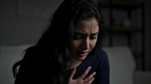A young woman with dark hair and wide distressed eyes clutches her chest in a dimly lit room conveying a sense of fear anxiety or emotional pain