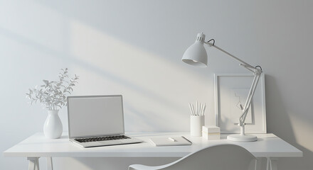 Fototapeta premium Minimalist white home office with a laptop, notepad, stylish lamp, and neutral color tones.
