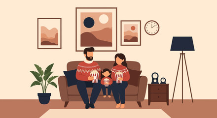 Fototapeta premium Cozy Evening At Home With Family Watching Movie And Eating Popcorn