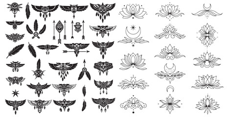 Collection of intricate black and white ornamental designs and decorative elements in a symmetrical artistic style