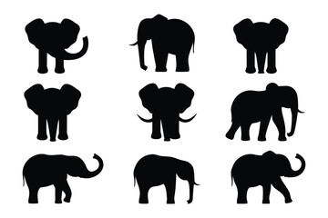 Collection of twelve diverse silhouette illustrations featuring elephants in various poses and perspectives
