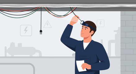Electrical Worker Inspecting Wiring With A Headlamp And Taking Notes Indoors