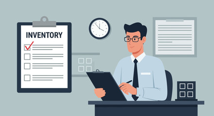 Businessman Taking Stock Inventory Audit in Office Workspace Organization System
