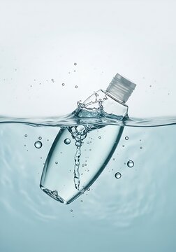 Transparent plastic bottle submerging in water with splashing.