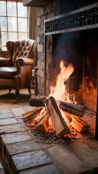 Cozy fireplace with burning wood logs and leather armchair in rustic interior