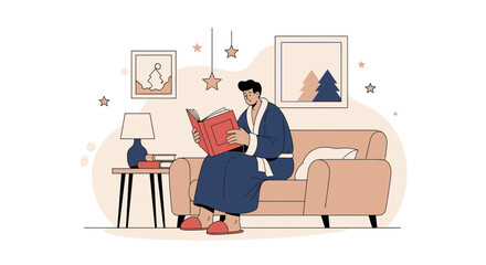 Cozy Evening With a Book Man Relaxing on Sofa at Home