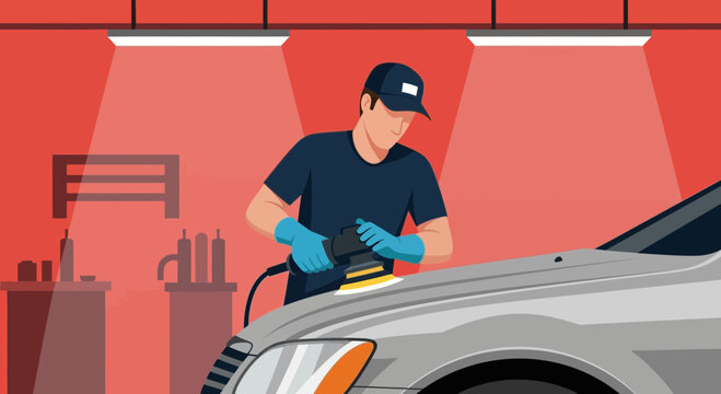 Car Detailer Polishing Automobile In Workshop With Professional Power Tool