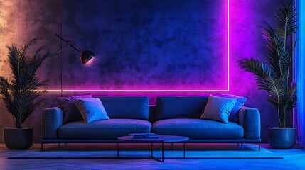 Modern living room interior with neon lights and a comfortable sofa photo