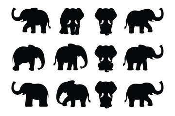 Collection of silhouetted flamingos displaying various poses and leg positions against a white background