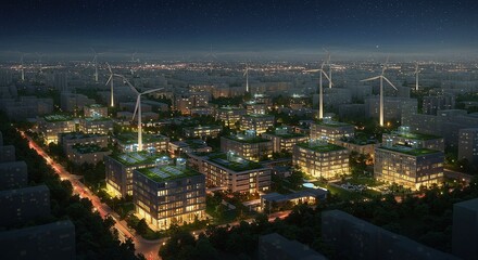 Illuminated urban cityscape at night powered by renewable wind energy, showcasing sustainable future living and green architecture.