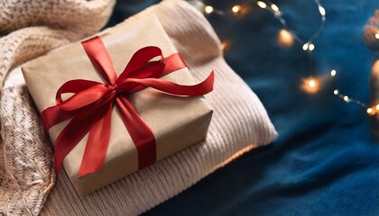 a beautifully wrapped gift box with a red ribbon sits on a cozy blanket creating a warm and inviting atmosphere perfect for the holiday season