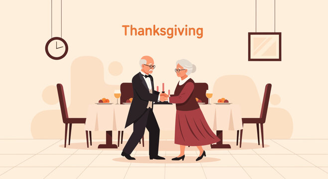 Elegant Elderly Couple Celebrates Thanksgiving Dinner In A Refined Setting