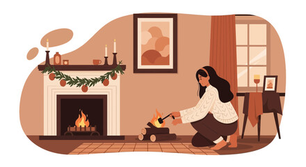 Fototapeta premium Cozy Indoor Scene Featuring Fireplace And Woman Lighting A Fire Log Pile