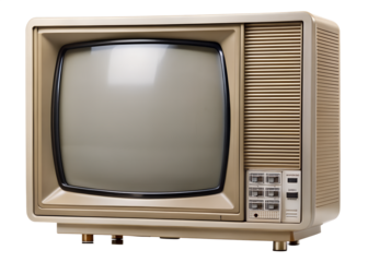 A retro television set with a beige plastic casing and a large screen evoking a sense of the past isolated on transparent background