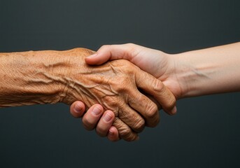 An elderly hand shakes a younger hand in a gesture of agreement and support