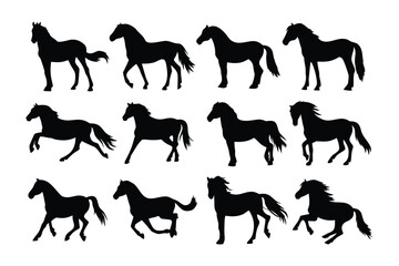 Collection of twelve distinct black horse silhouettes showcasing various poses and breeds against a white background