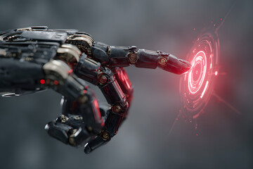 Robot hand touching a virtual screen with a neon red hologram circle icon with its finger on grey background. Concept of futuristic digital technology, robot technology, cyberspace, metaverse.