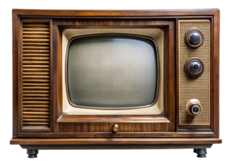 An old television with a wooden frame featuring multiple knobs and a textured speaker grille isolated on transparent background