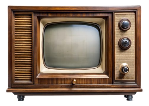 An old television with a wooden frame featuring multiple knobs and a textured speaker grille isolated on transparent background