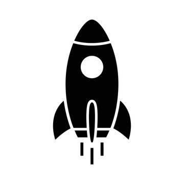 Black rocket ship icon with exhaust symbolizing launch space travel business startup and rapid progress