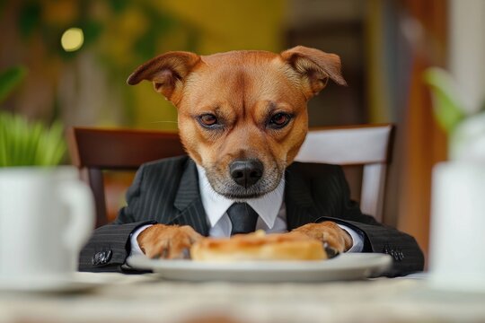 Funny dog in a suit gets annoyed while staring at a dessert in a quaint cafe setting, Funny dog with human body and suit getting angry at diner table