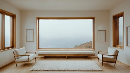Coastal living room with large windows and neutral tones.