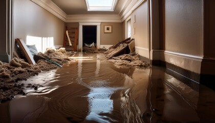 water damage evident in a basement due to flooding displaying the aftermath of an unforeseen natural disaster with soaked carpets and structural impacts emphasizing the need for recovery