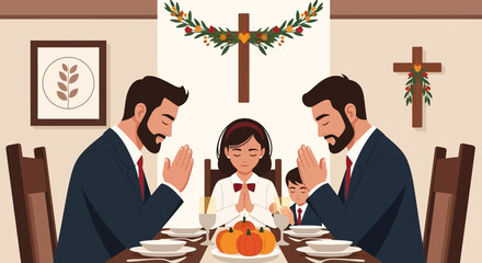 Family Gathered In Gratitude For Thanksgiving Dinner In Religious Setting