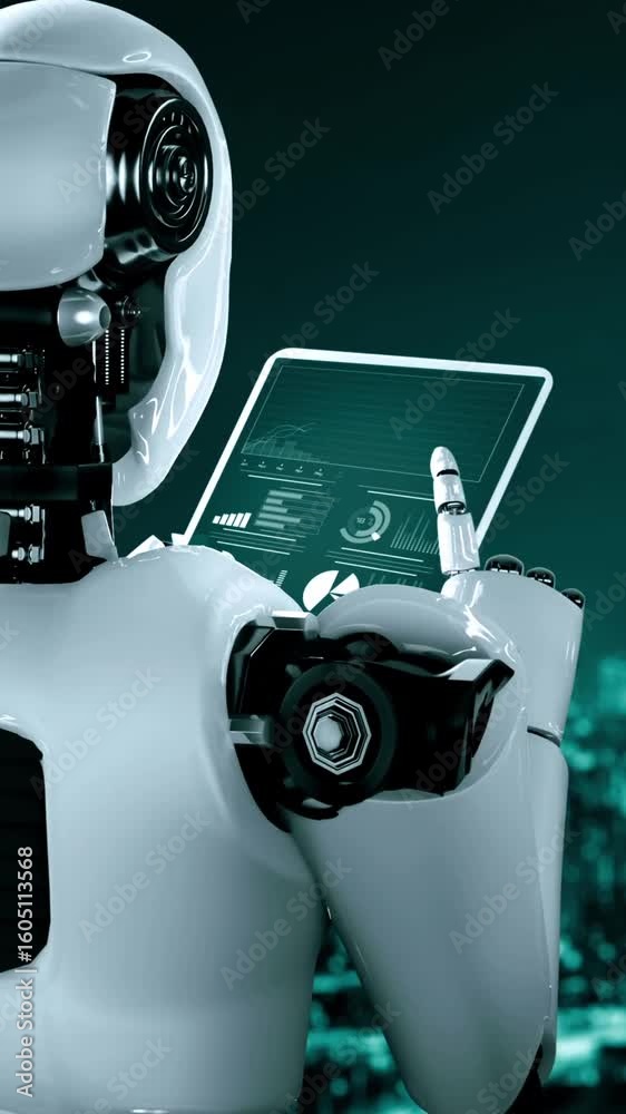 Poster internet connection controlled by ai robot huminoid and machine learning process to analyze data con