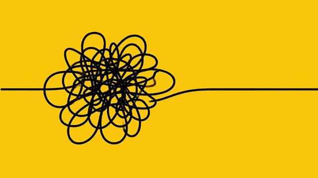 A single black line forms a tangled knot and a loop on a bright yellow background creating a minimalist abstract design with plenty of copy space