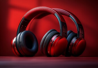 Glossy Red Headphones Mockup with Matching Red Background

