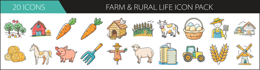 Farm and Rural Life Doodle Icon Set - Charming hand-drawn icon pack featuring barns, animals, crops, and tools—perfect for agriculture content, rural living, and farming education.
