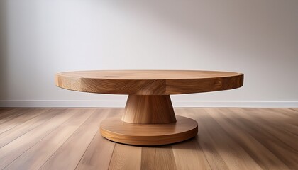a wooden round table with a thick sturdy base stands on a light colored wooden floor against a plain white background the minimalist design highlights the table s craftsmanship and simplicity