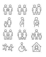 Family and Relationships Simple Outline Icons Showing Love, Support, and Bonds Between People of All Ages