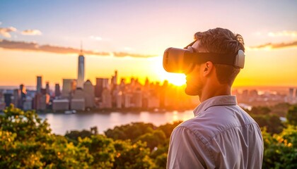 Man wearing VR headset enjoying city sunset