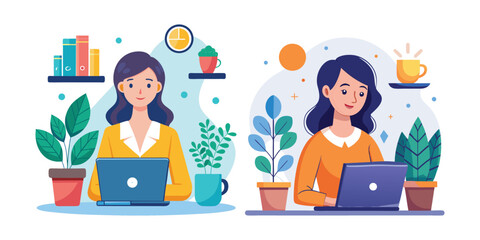 Female entrepreneur focused on laptop working remotely with coffee cup, modern businesswoman, startup owner, productivity, home office, digital nomad, professional woman vector illustration