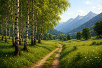 Serene Summer Birch Grove in Ticino with Lush Green Meadows, Forest Path, and Sunlit Nature Landscape