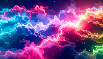 Mesmerizing display of surreal, multicolored clouds drifting across a starry night sky. Vibrant hues of pink, purple, blue, and orange blend seamlessly to create a dreamlike, cosmic atmosphere