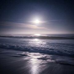 Obraz premium Moonlight illuminates the crashing waves at night.