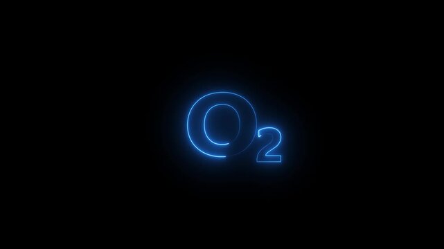 Oxygen molecule symbol on the black background .Glowing neon chemical representation.