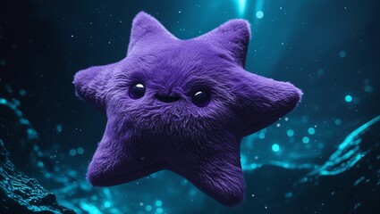 Cute Plush Starfish Toy with Big Eyes and Fuzzy Texture Against a Mystical Blue Background