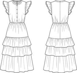 Women's Tiered Maxi Dress Flat Vector Illustration with Ruffle Sleeves and Front Buttons, Elegant Fashion Apparel Design, Versatile for Casual or Summer Occasions
