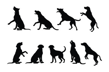 Collection of ten stylized black and white silhouette illustrations of various dog breeds sitting attentively