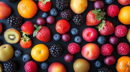 Overhead flat layout of a variety of fresh mixed fruits arranged on a clean surface table