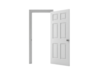A classic white six panel interior door and frame standing wide open. Isolated on transparent background, png