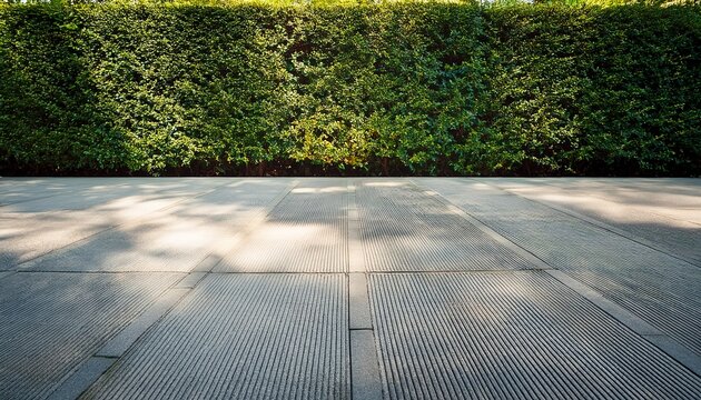 side view of concrete footpath or walkway with green bush in background